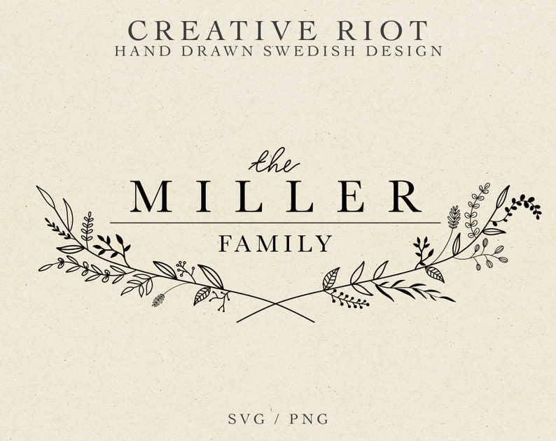 May include: Black and white illustration of a floral wreath with the text "the MILLER FAMILY" in the center. The text "SVG / PNG" appears below the wreath.