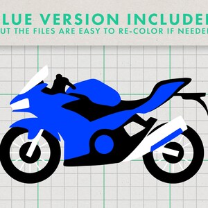 Puede incluir: Una silueta de motocicleta azul y negra sobre un fondo de cuadr&iacute;cula blanca. La motocicleta es una deportiva con un piloto en el asiento.