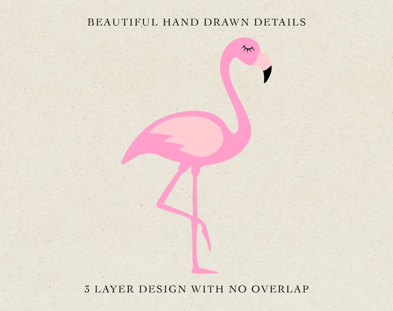 May include: A pink flamingo with closed eyes and a black beak, standing on one leg. The flamingo is on a beige background with the text "BEAUTIFUL HAND DRAWN DETAILS" and "3 LAYER DESIGN WITH NO OVERLAP".