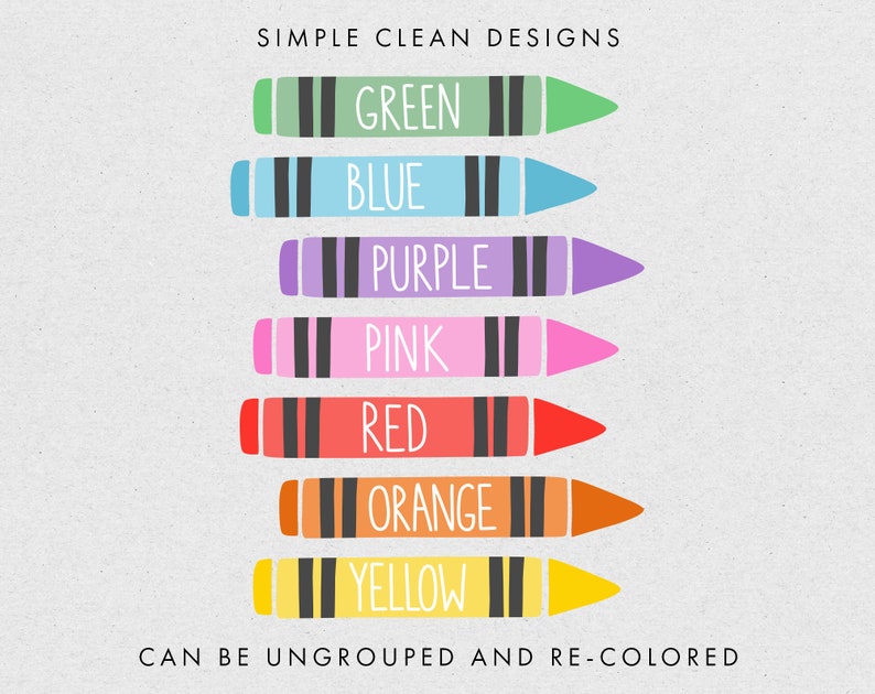 May include: A set of seven crayons in different colors, including green, blue, purple, pink, red, orange, and yellow. The crayons are arranged vertically and have black stripes. The text "SIMPLE CLEAN DESIGNS" is at the top of the image, and the text "CAN BE UNGROUPED AND RE-COLORED" is at the bottom.