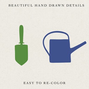 May include: A green hand-drawn gardening trowel and a blue hand-drawn watering can.  The image is on a textured background with the text "BEAUTIFUL HAND DRAWN DETAILS" at the top and "EASY TO RE-COLOR" at the bottom.