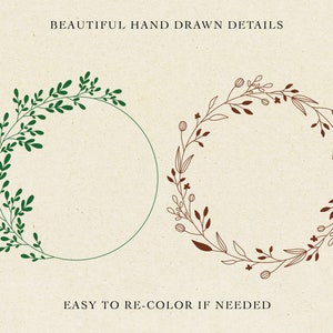 May include: Two floral wreath designs. One is green with leaves, the other is brown with flowers and leaves. The text at the top says "BEAUTIFUL HAND DRAWN DETAILS" and the text at the bottom says "EASY TO RE-COLOR IF NEEDED".