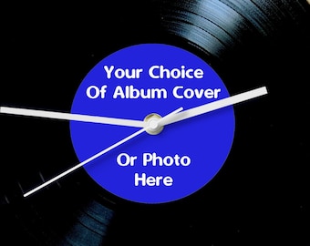 Real Vinyl Record Clock Personalised With Your Choice Of Album Cover or Photo on the Label Customised Clock for Music fan Unique Gift