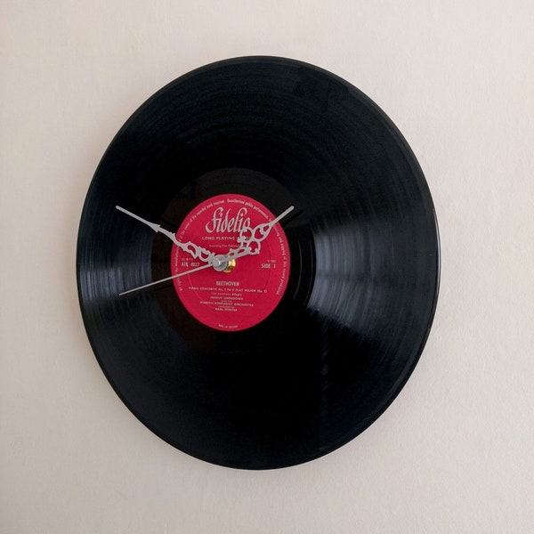 Horloge murale disque vinyle 12" LP Real Record rouge et argent aiguilles d'horloge