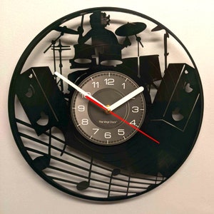 Horloge murale pour disque vinyle pour batteur de 12 pouces découpée au laser Batteur, batterie et notes de musique image 1