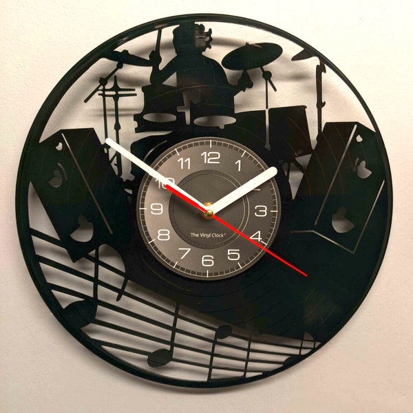 Horloge murale pour disque vinyle pour batteur de 12 pouces découpée au laser - Batteur, batterie et notes de musique