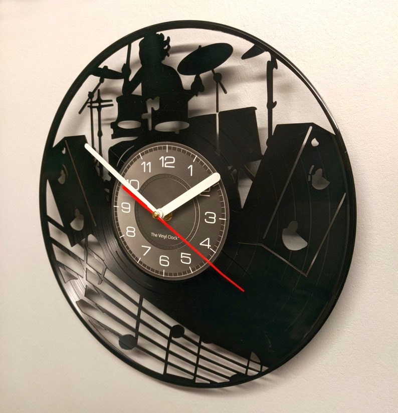 Horloge murale pour disque vinyle pour batteur de 12 pouces découpée au laser Batteur, batterie et notes de musique image 3