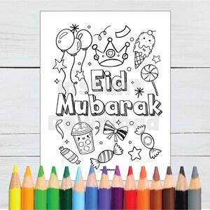 Sobremesas de páginas para colorir felizes de Eid, páginas para colorir de Eid Mubarak, páginas para colorir de festa de Eid, páginas para colorir islâmicas fofas - DOWNLOAD INSTANTÂNEO DE PDF