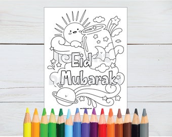 Happy Eid Coloring Page Sun Moon, Eid Mubarak Coloring Pages, Eid Party Coloring Pages, Cute Islamic Coloring Pages - PDF INSTANT DOWNLOAD