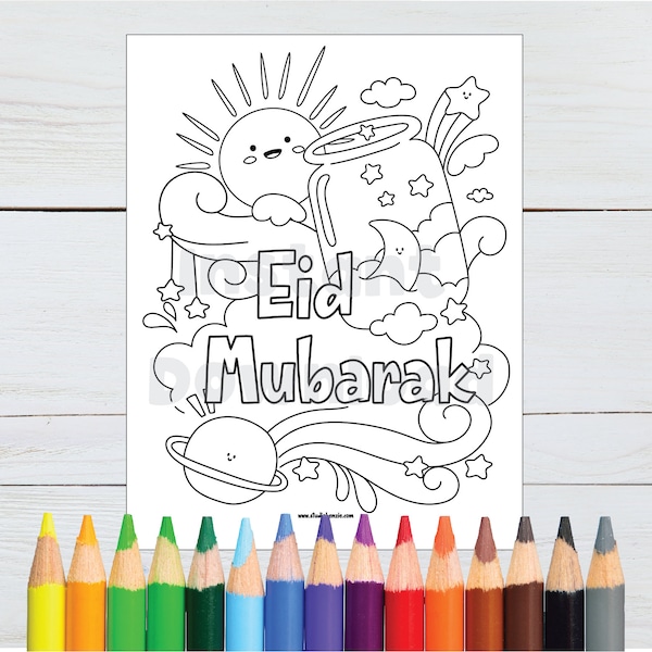 Happy Eid Coloring Page Sun Moon, Eid Mubarak Coloring Pages, Eid Party Coloring Pages, Cute Islamic Coloring Pages - PDF INSTANT DOWNLOAD