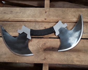 Medieval Dual Blade Replica Sword Spinning Axe Carbon Steel Heat Treated with Sheath