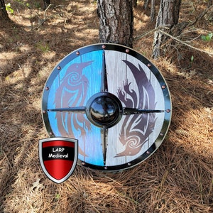 Medieval Ragnarök Valhalla Odin Raven Norse Viking Wooden Shield Steel Cross Boss Trim