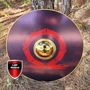 Norse God Viking Runes Red Fire Ragnarök War Wooden Viking Round Shield Gold Trim