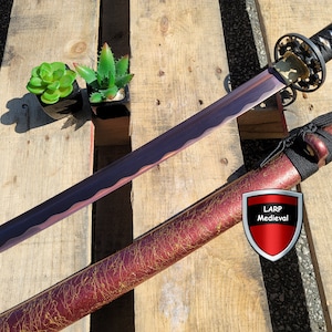 Japanese Samurai Katana Heat Tempered Purple Colored Blade 1060 Steel Sword Blood Groove