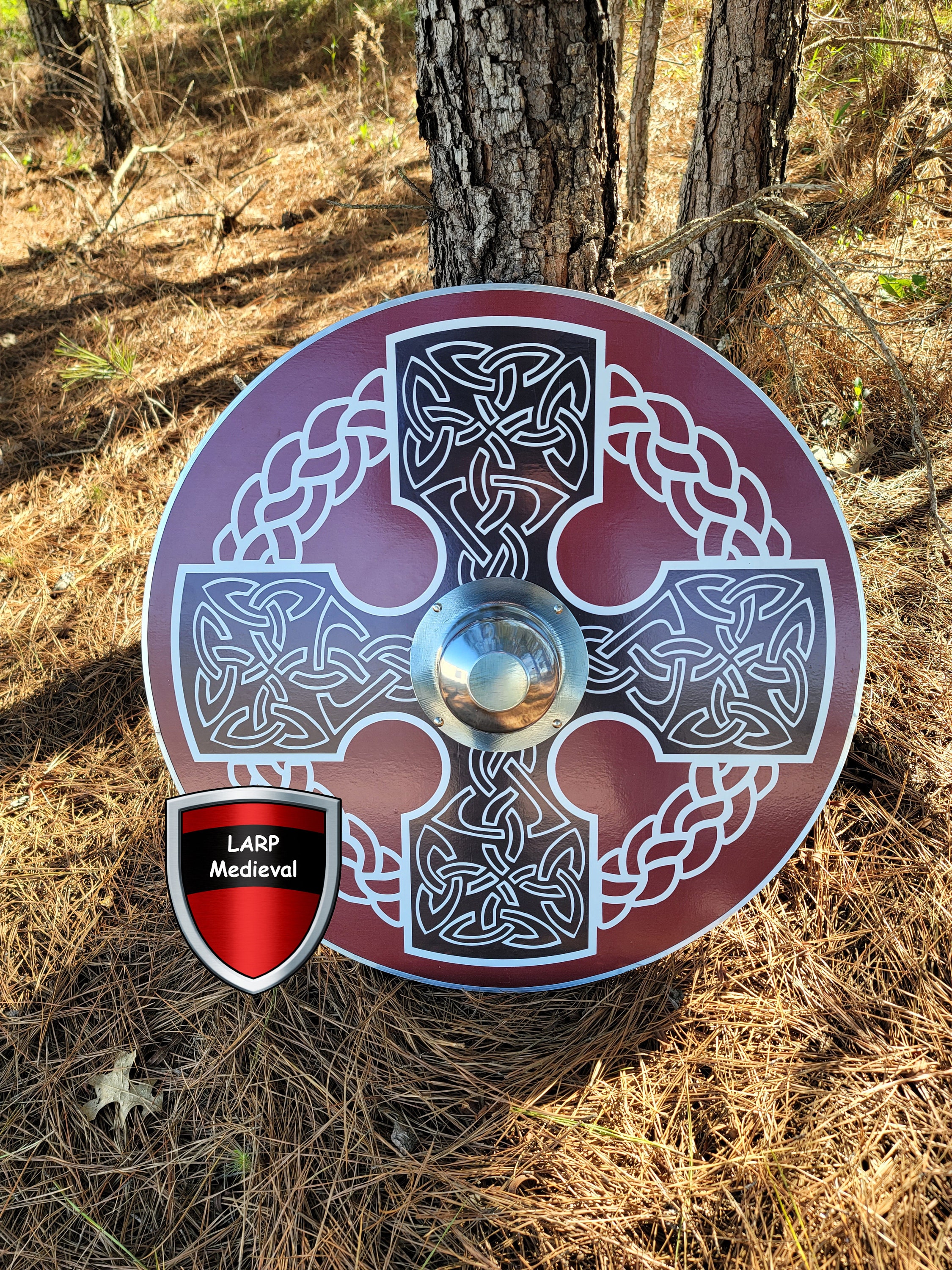 Viking Knights Runes Thor Blue Lightning Norse Pattern Wooden Round Shield LARP 