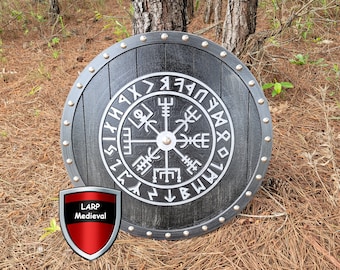 Viking Runes Helm of Awe Aegishjalmur Norse Carved Wooden Round Shield Silver