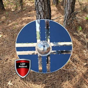 Handmade Scottish Celtic Warrior Medieval Steel Cross Holy Shield Wooden Rare Blue Leather Wrapped