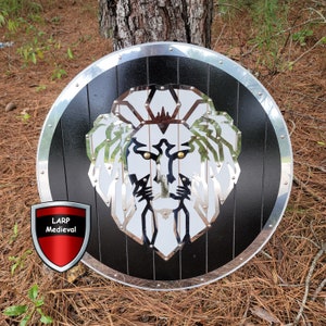Lion Heart Mirror Polished Steel Plated Wooden Medieval Round Shield Black Leather Grip and Handle