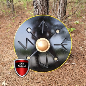 Historical Ragnar Lodbrok Viking Shield Medieval Norse Carved Runes Wooden Gold Boss