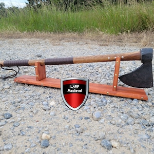 Hand-Forged Viking Two Handed Axe Carbon Steel Axe Head 29&quot; Wood Handle and Display Stand
