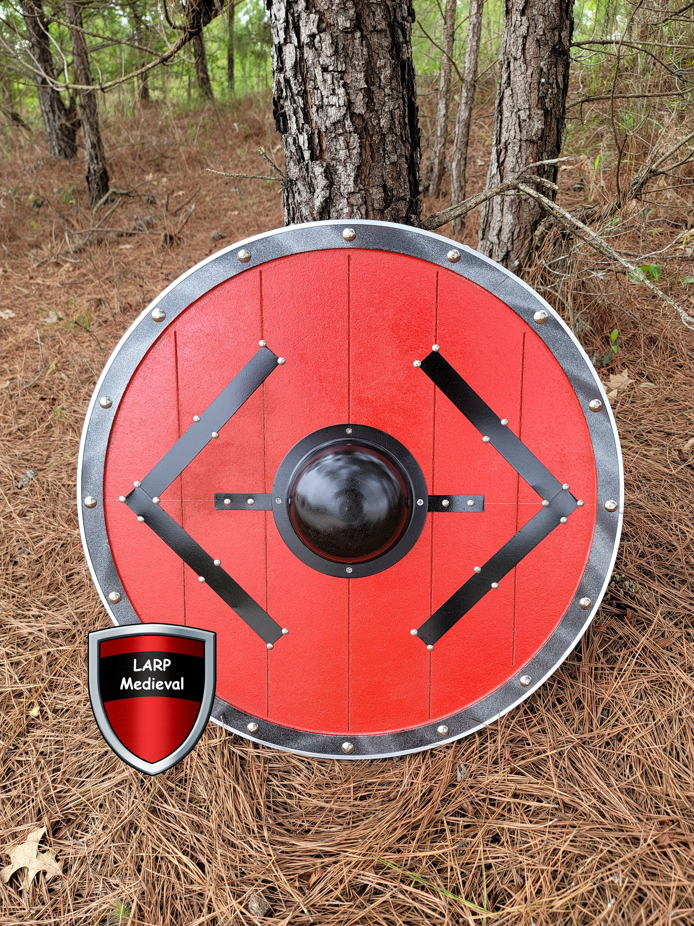 Viking Knights Runes Thor Blue Lightning Norse Pattern Wooden Round Shield LARP 