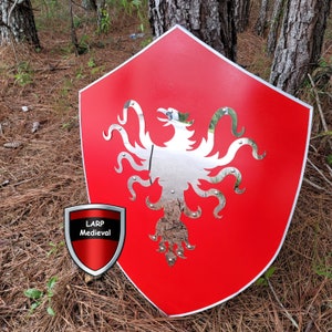 Polished Steel Flaming Phoenix Roman Warrior Wooden Medieval Heater Shield Red