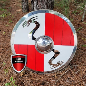 Viking Knights Norse Níðhöggr Polished Steel Plated Quadrant Battle Ready Wooden Round Shield