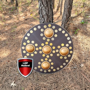 Genghis Khan Barbarian Medieval Fantasy Mongol Raider Leather Wrap Wooden Shield Five Bronze Bosses