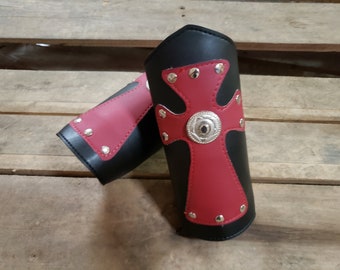 Medieval Templar Knight Celtic Leather Red Cross Arm Guard Bracers Armor Gothic