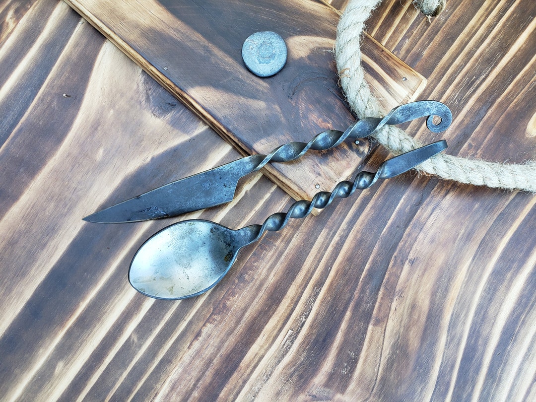 Set Posate Medievali Vichinghe - Coltello, Forchetta, Cucchiaio In Acciaio, Decorativo - Foto 12