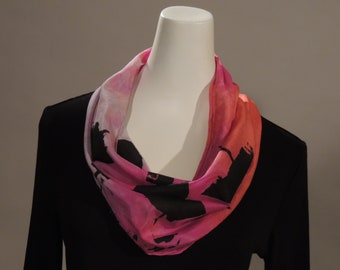 Hand dyed cowl orange, hot pink, wisteria