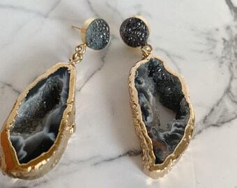 Natural Stone Earrings, Gold druzy earring, bridal jewelry, gold boho earrings, statement earrings, gifts for her, druzy agate earring, boho