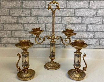 Vintage Candelabra 3 piece set, Dilly, Made in USA, gold, ornate, Victorian style, fancy, Candleholders, candlestick, Art Deco