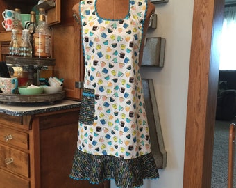 C. Women’s lady's apron, mugs and tea, vintage style, full length with ruffle and pocket, farmhouse, kitchen, coffee