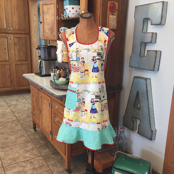 C. Women’s lady's apron, retro fifties kitchen, vintage style, full length with ruffle and pocket, white, aqua, red, Home Ec Kitchen
