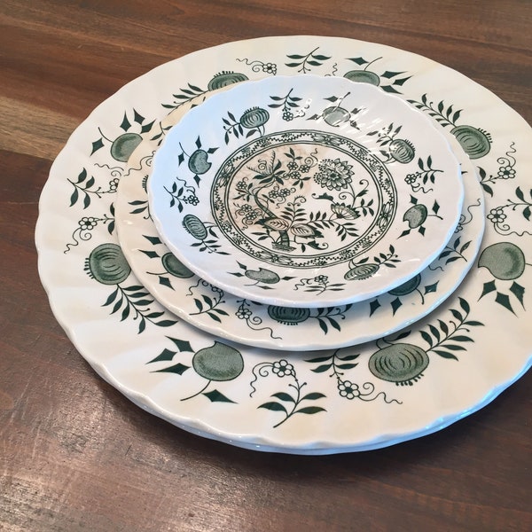 Vintage Ironstone, Old Vienna, Green Onion, Green and White, Wood & Sons, Burslem England, Farmhouse dinnerware, By the Piece