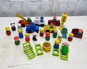 Vintage Fisher Price, Little People figures, sold individually, wooden, plastic, street light, man, woman, child, dog, vehicles, furniture