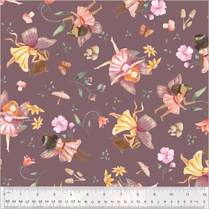 May include: A seamless pattern featuring fairies with wings, flowers, and mushrooms on a purple background. The fairies are wearing pink, yellow, and white dresses with brown hair. The flowers are pink, white, and yellow. The mushrooms are brown and white.