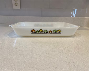 Vintage Fire King Summerfield 2 quart baking pan, 8x12, casserole, cake pan, Orange, green and yellow flowers, retro, MCM