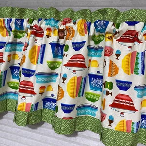 A. Retro fifties kitchen valance, topper, Pyrex, vintage dishes, mid-century, choose trim color, Aqua, green, red. lined. Pleated ruffle.