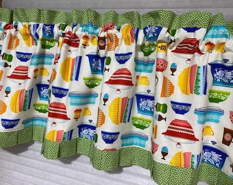 A. Retro fifties kitchen valance, topper, Pyrex, vintage dishes, mid-century, choose trim color, Aqua, green, red. lined. Pleated ruffle.