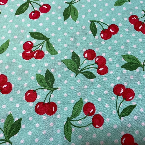 Fabric, Cherry dot on Aqua by Michael Miller, by the yard, half yard, fat quarter. Vintage Retro, red and aqua turquoise cherries