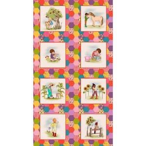 May include: A colorful fabric with a patchwork design featuring children interacting with animals. The fabric is made up of various shades of pink, red, yellow, green, and blue. Each square features a different scene with a child and an animal, such as a girl petting a pig, a boy feeding a horse, and a girl picking flowers.