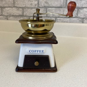 Vintage Coffee Grinder, coffee mill, porcelain, wood and metal, Blue flowers, functional