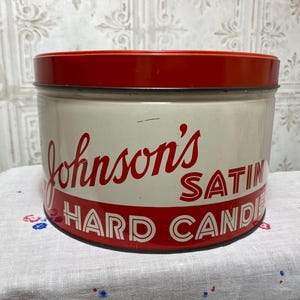 Vintage Johnson&#39;s Satin Hard Candies Tin, Red and White, Round, Antique Candy Shop Decor, Retro, Christmas, Sweet Treat, Mid Century Kitchen