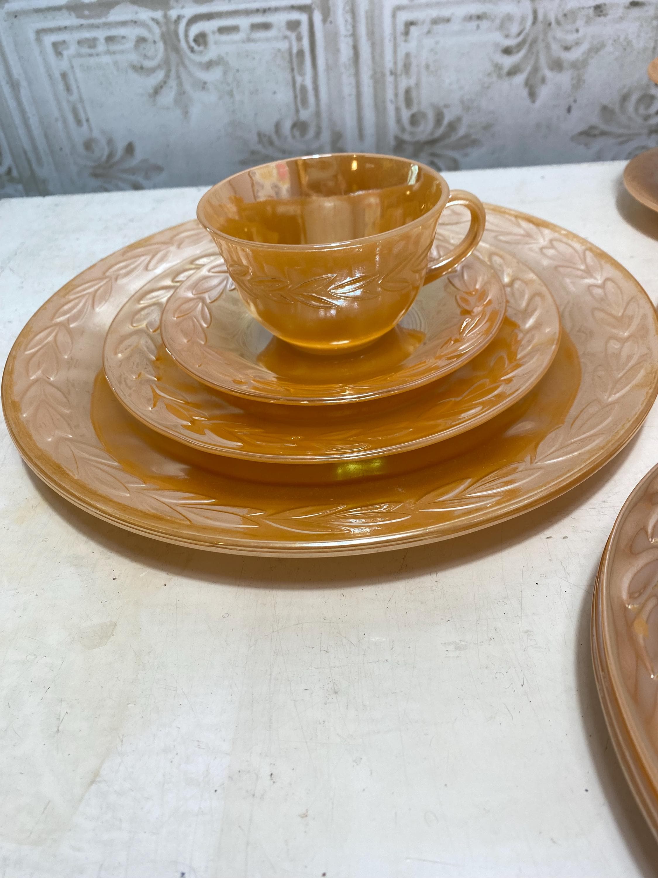 Vintage Fire King Peach Lustre Dinnerware Set, 15 Pieces, 11