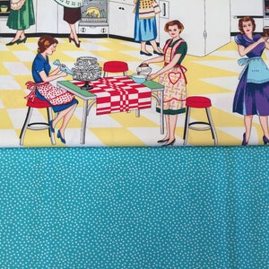 May include: A vintage illustration of women in a kitchen, wearing aprons and dresses, baking and preparing food. The kitchen has a yellow and white checkered floor, a red and white checkered tablecloth, and a white countertop with a stove and oven.