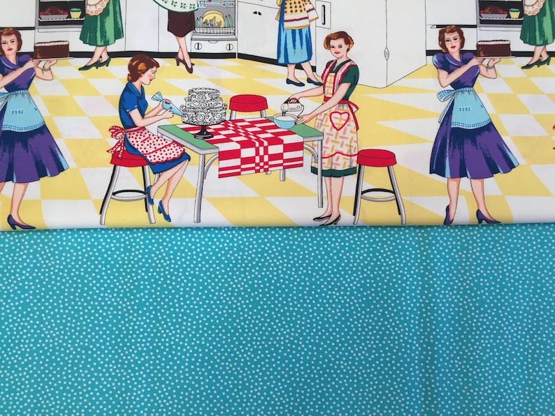May include: A vintage illustration of women in a kitchen, wearing aprons and dresses, baking and preparing food. The kitchen has a yellow and white checkered floor, a red and white checkered tablecloth, and a white countertop with a stove and oven.
