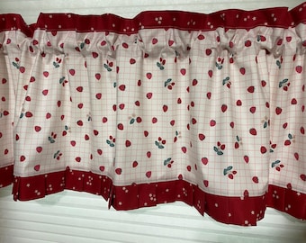 A. Kitchen valance, Window topper, Strawberry, red trim, Cottage core, homestead, farm life, farmhouse, country
