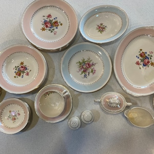 Vintage Homer Laughlin Georgian Eggshell China Dishes, Marilyn Pink, Chateau Blue, Sold Individually, salt & pepper, sugar and creamer